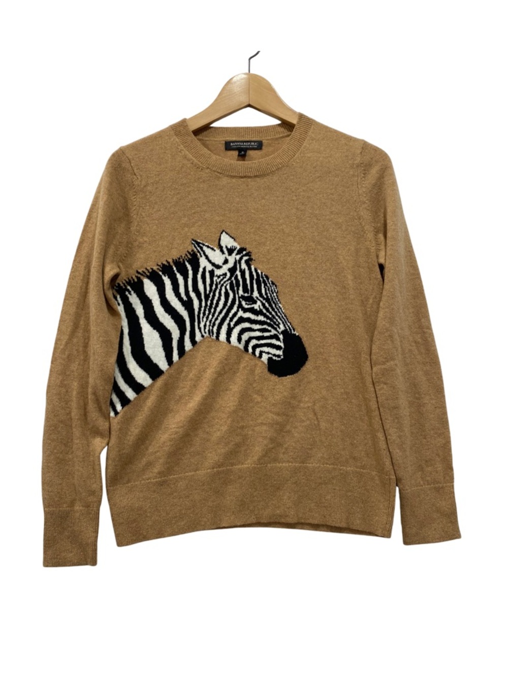 Banana Republic Wool Blend Brown Tan Crewneck Sweater Zebra Graphic S